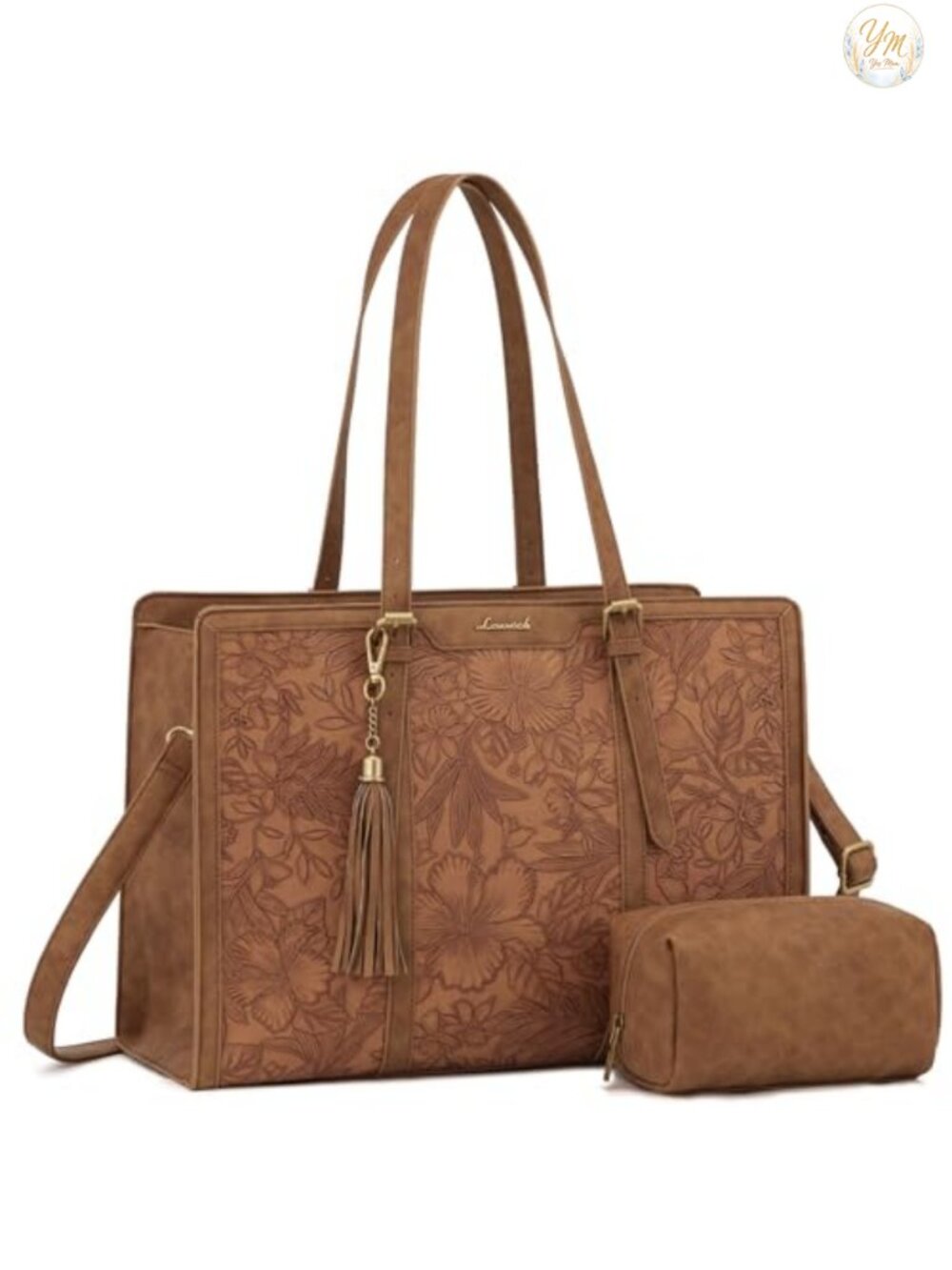 Vintage Leather Laptop Tote Bag with Cup Holder, Clutch Purse, Tassel, 15.6 Inch